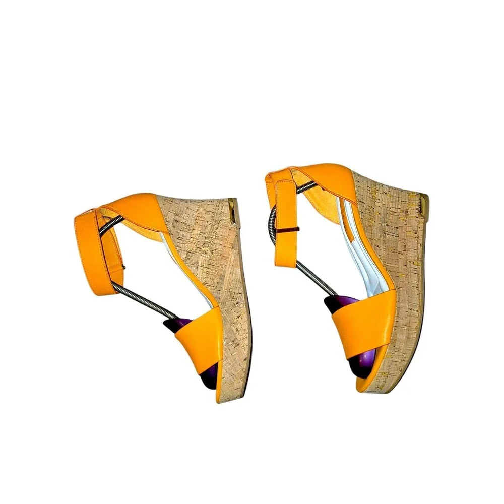 Womens Franco Sarto Clemens Cork Orange Leather Platform Wedge Sandals Size 7.5